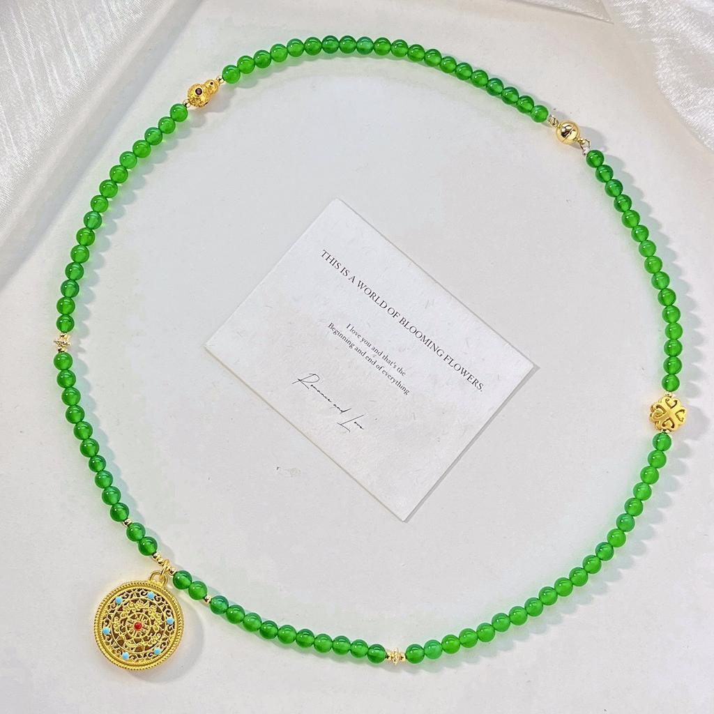 High Quality Ice-Through Emperor Green Natural Green Chalcedony Sweater Chain Necklace