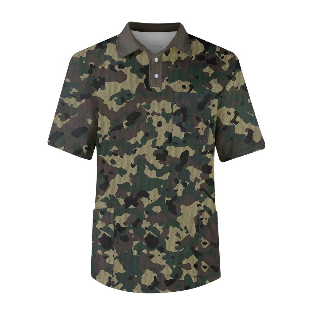 Pánský top s krátkým rukávem, knoflíkovou klopou, jednobarevný, náprsní kapsa, top pro zdravotní sestru