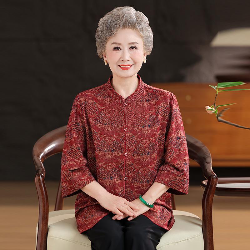 

Elegant Seven-Sleeve Xiangyunsha Top for Elderly Mothers - High-End New Chinese Style Silk Shirt 5XL (75-82.5 kg) червоний