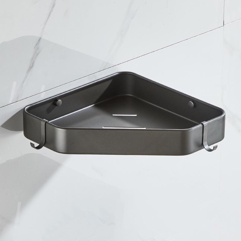 Punch-Free Bathroom Triangle Shelf Rack - Gunmetal Aluminum Single/Double Layer Storage with Hooks