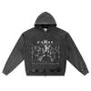 DTG Print Knitted Denim Zip-Up Hoodie Mafia Graphic Brother Print Zipper Hoodies  
