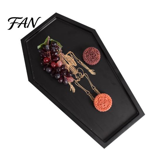 Dark Style Table Centerpiece Halloween Gothic Serving Tray with Engraved Skeleton, Wooden Charcuterie Board, Casket Solid Wood Trinket Shape