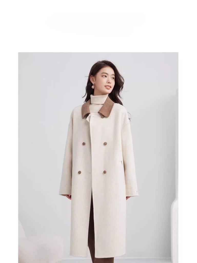 Women's Off-White Wool Coat - Korean Style Mid-Length Jacket for Autumn/Winter