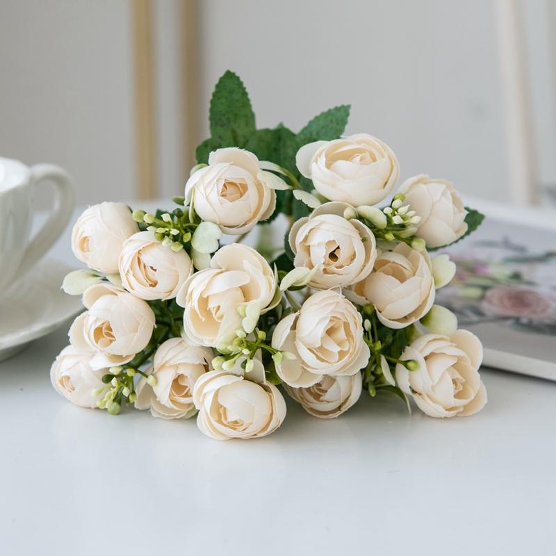 15 Heads Silk Roses Small Tea Bud Artificial Flowers Wedding Festival Room Decor Home Ornamental Flowerpot Photography Props Diy