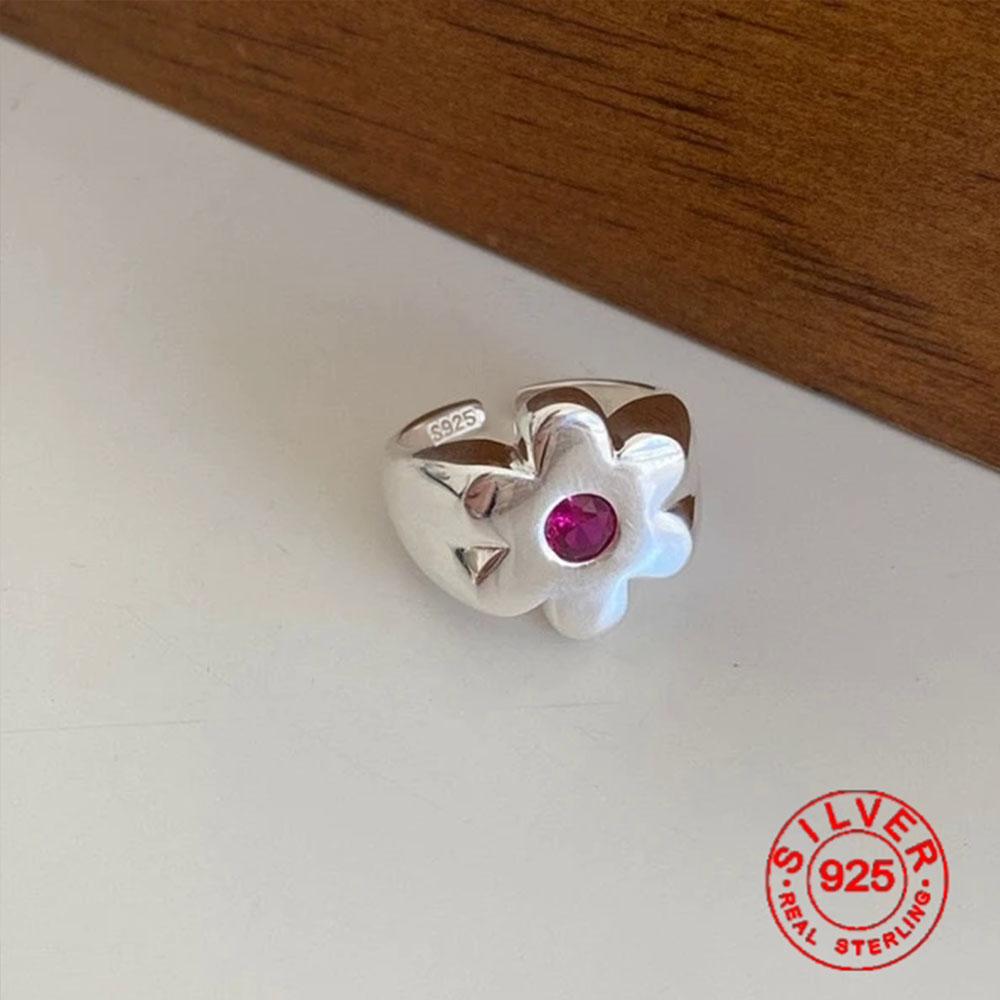 

BFCLUB Silver Color Rings for Women Fashion Geometric Handmade Irregular Red Flower Ring Simple Jelwery Party Christmas Gift