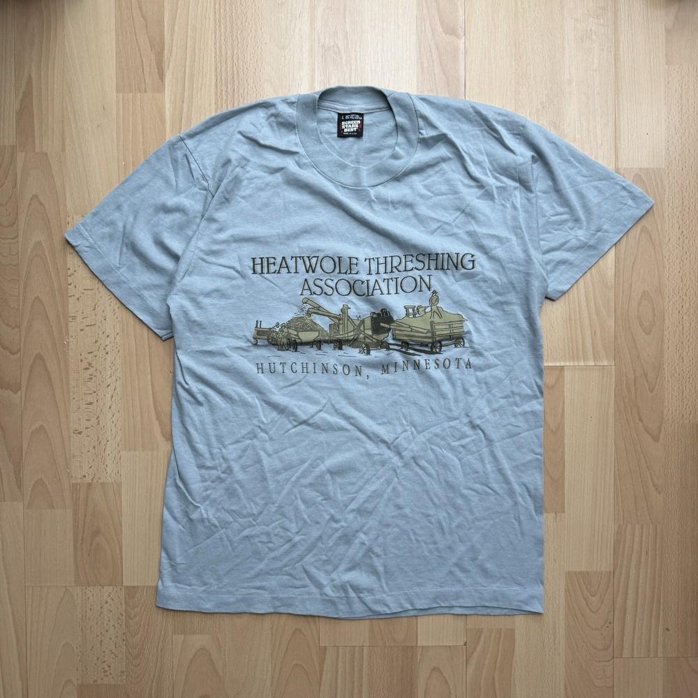 

Vintage 90s Heatwole Threshing Farming Single Stitch Graphic Blue TShirt L Unisex T-Shirt S