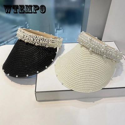 Sombrero de copa con protección solar de verano, gorro de perlas a la moda para mujer, sombrero de paja que combina con todo, a la moda