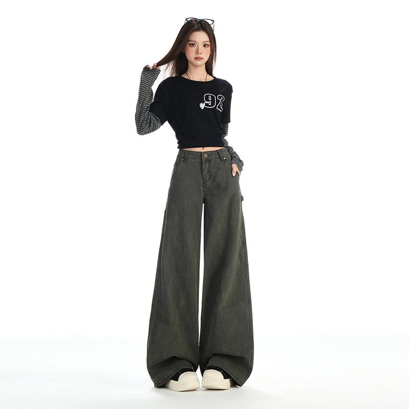 Army green utility jeans for women, new autumn American low-rise loose straight-leg versatile wide-leg pants