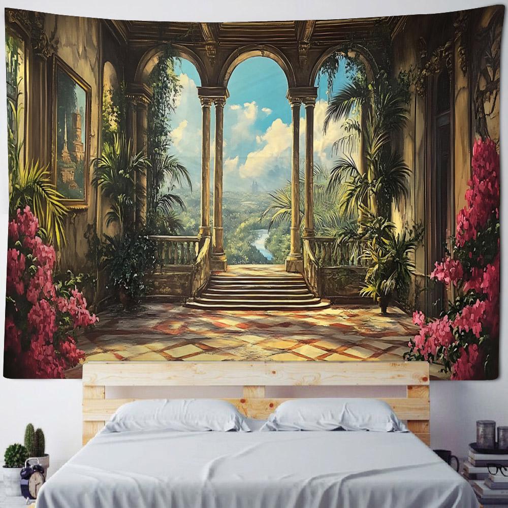 Window floral tapestry balcony green plant wall hanging art, bedroom decoration, background poster, home life, picnic mat