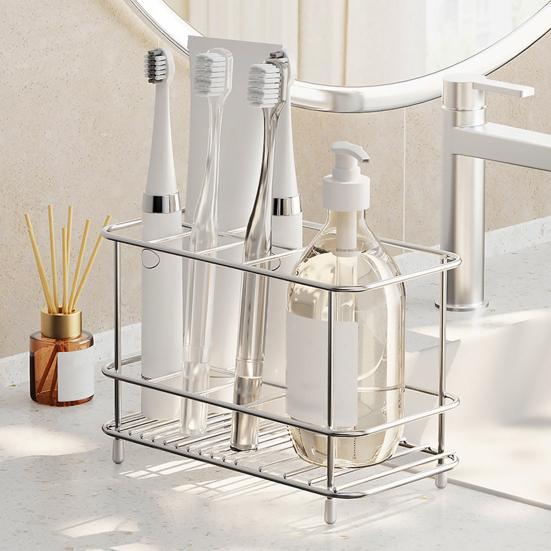 Stainless Steel Toothbrush Holder Bathroom Toothpaste Holder Stand with Quick Drainage Countertop Organizer for Bathroom Accessories