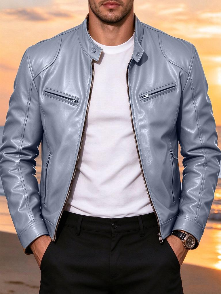 Men's slim stand-up collar PU leather jacket spring and autumn new motorcycle jacket multi-color fashion casual jacket leather jacket