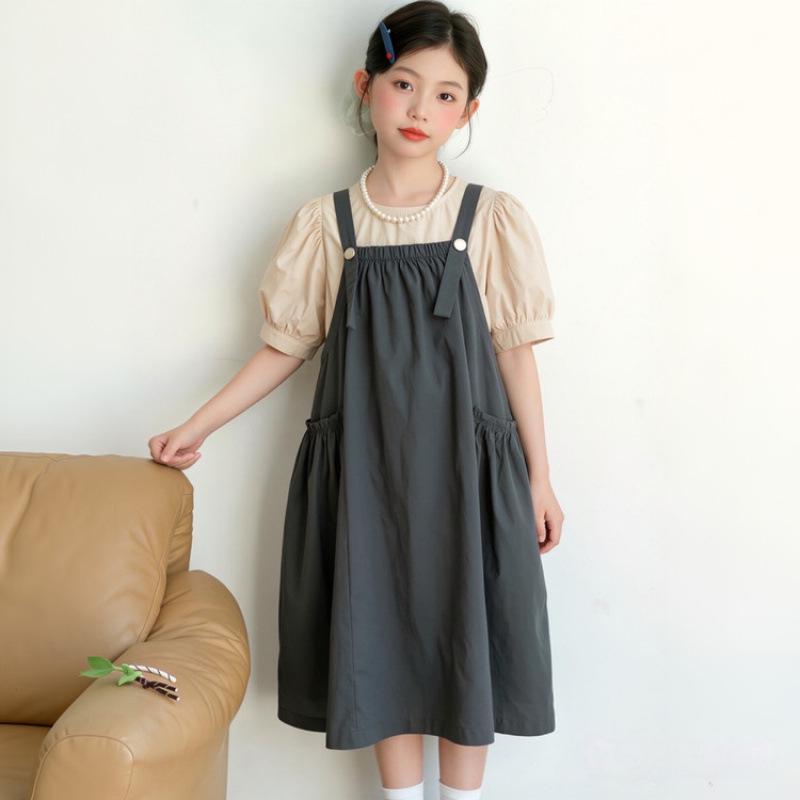 Girls' Bubble Sleeve Strappy Dress Set - 2026 New Summer Style, Medium & Large Cotton Skirt, Solid Color Sweet Two-Piece.
