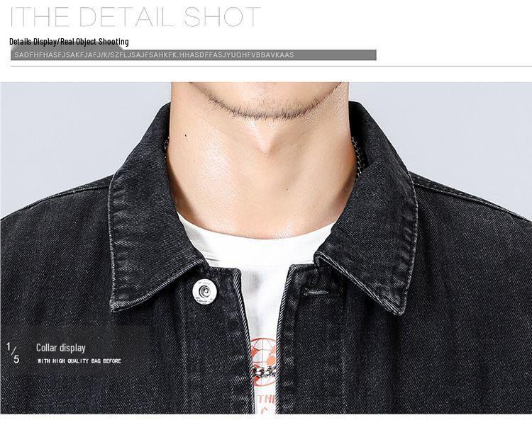 Men's Black Embroidered Loose Denim Jacket - Casual Autumn Plus Size Workwear