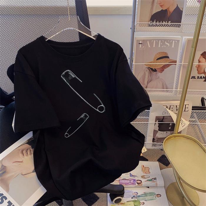 

Pure cotton American street pin short-sleeved t-shirt women s spring and autumn loose oversze design casual versatile top S чёрный