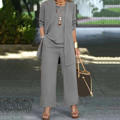 3 Pcs/Set Women Coat Vest Pants Set Long Sleeve Cardigan O Neck Sleeveless Vest Elastic Waist Wide Leg Trousers Casual Loose Pantsuit Outfit