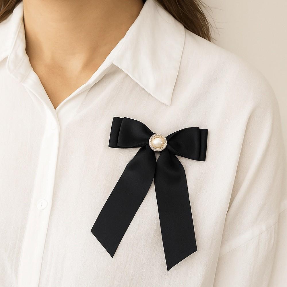 Black Satin Bowknot Brooches Pearl Badge Pin Elegant Clothes Accessories For Funerals and Mourning