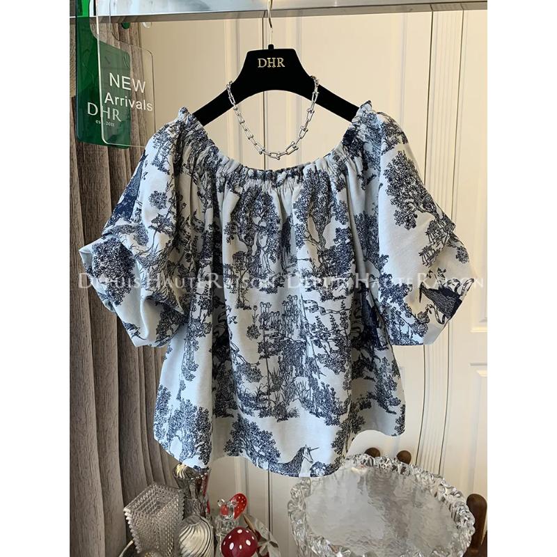 

Женская синяя блузка с принтом Toile De Jouy, с открытыми плечами, с пышными рукавами, повседневный топ L темно-синий