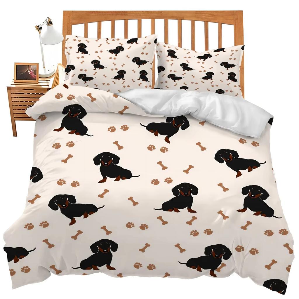 Dachshund Duvet Cover Set Cartoon Puppy Ultra Soft Breathable Comforter Cover With Zipper Adults And Kids Dog Queen King Bedding