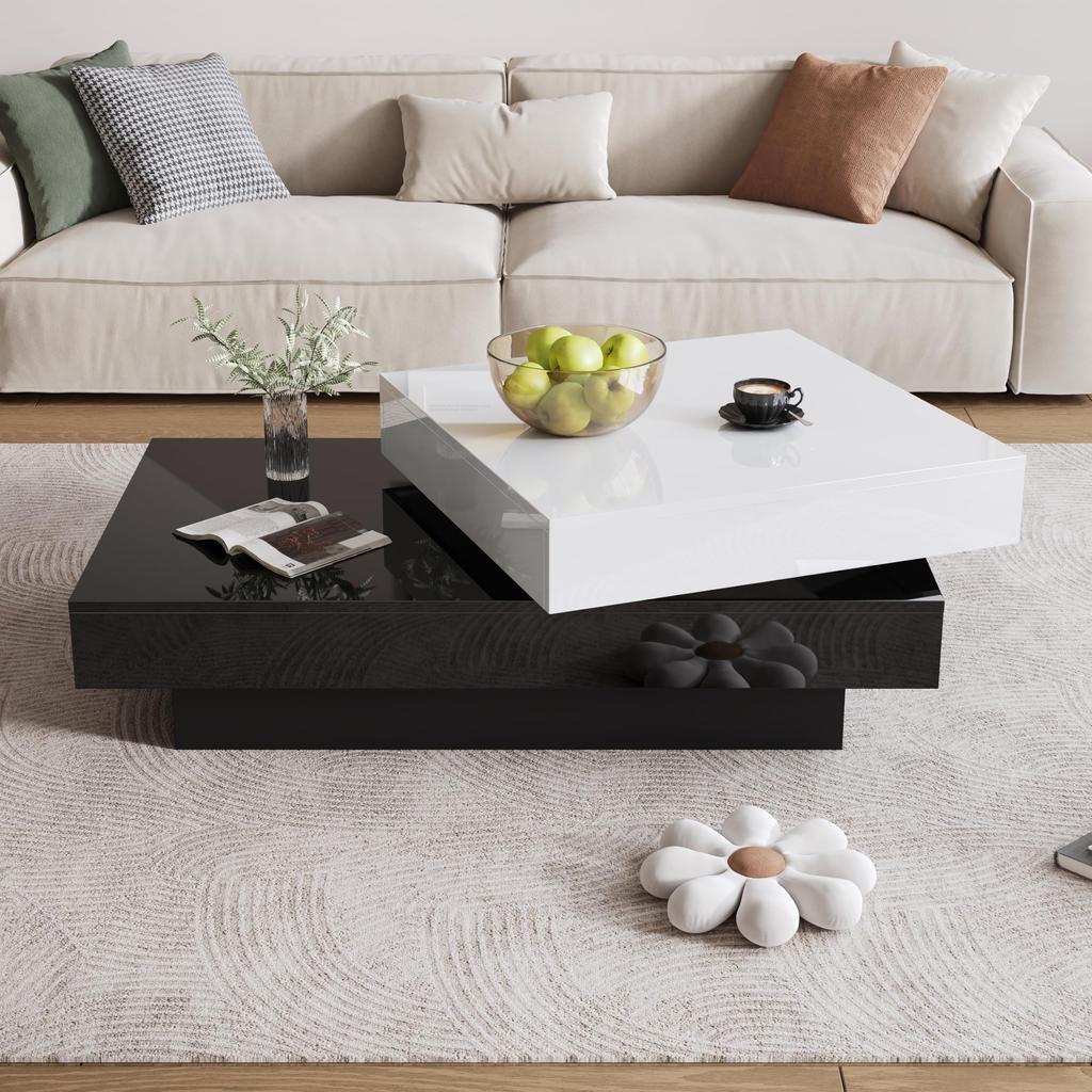Coffee Table Rotatable, High-Gloss Sofa Table Upper Tabletop Freely Rotatable, Modern Tea Table, Rectangular Center Table Home Office, White & Black