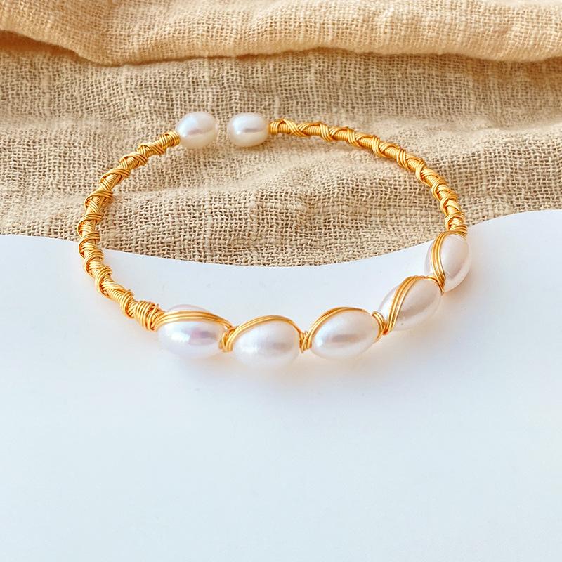 Natural Freshwater Pearl 18k Gold Plated Versatile Women Bangle Bracelet