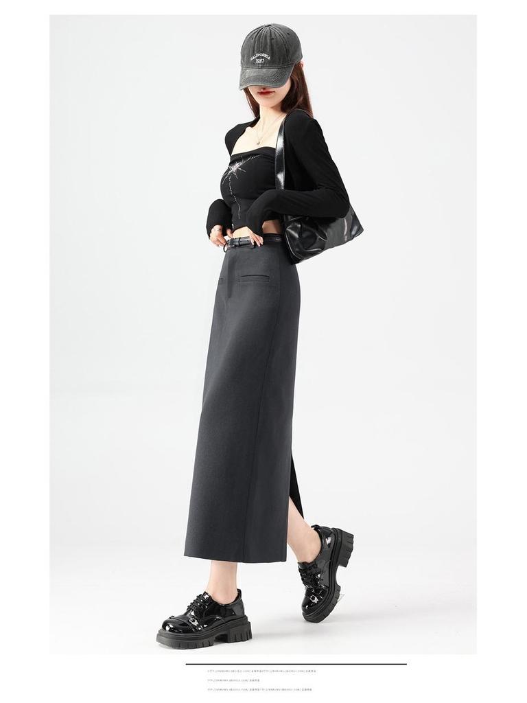 Gray High-End Slimming Skirt for Women - Spring 2026 Arrival, Versatile Temperament, Slit, Hip-Hugging, Mid-Length Skirt