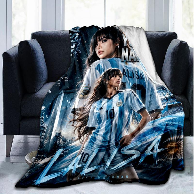 Custom Name Soccer K-pop Black Pink Lisa Flannel Fleece Blanket Cozy Warm Throw Blanket For Couch Bed Travel All Season Use