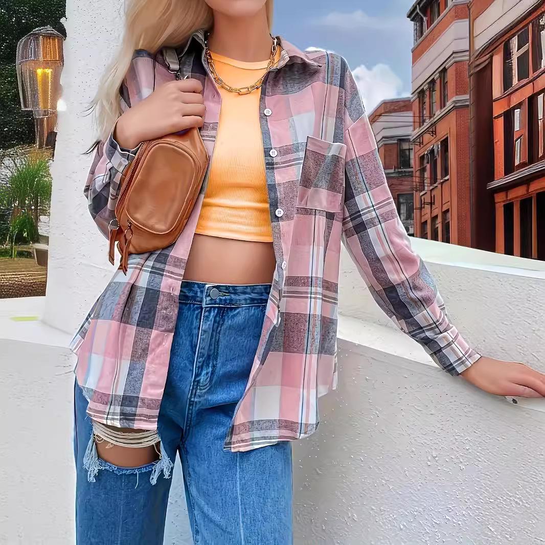 

Autumn & Winter Pink Plaid Long Sleeve Women s Shirt Large