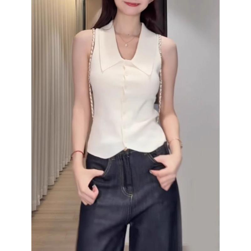 Womens Solid Color Collared Sleeveless Knit Vest