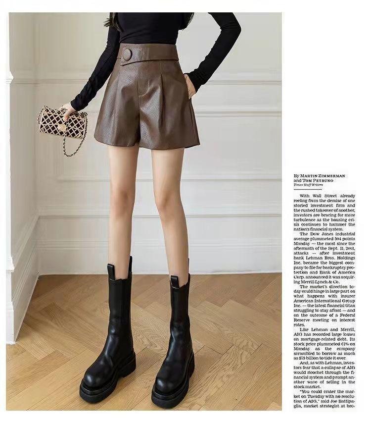Korean PU Leather High-Waisted Wide-Leg A-Line Bootcut Shorts - Women's Versatile Autumn/Winter Casual Outerwear.