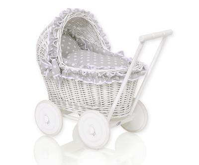 White Wicker Pushchair for Dolls with Gray Bedding and Soft Lining