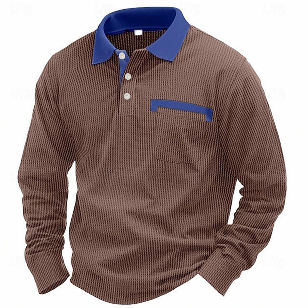 Men's Casual Loose Colorblock Lapel Button Long Sleeve Top