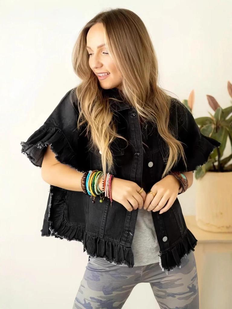 Autumn Women's Ruffle Hem Tassel Denim Top