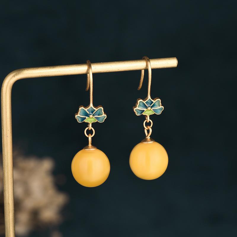 2021 Retro Chinesische Cloisonné-Emaille-Ohrringe mit Bernstein-Chalcedon