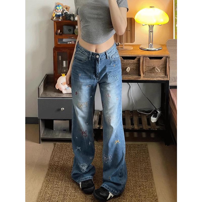 

Women s High-Waist Retro Puppy Embroidery Wide Leg Jeans XL