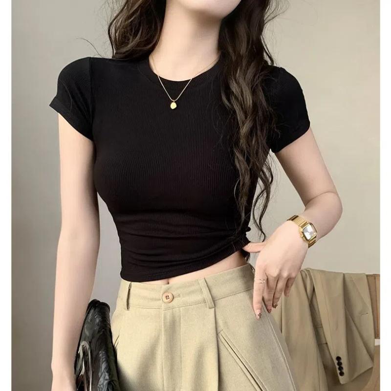 

Літні Нові Футболки з Круглим Вирізом з Нитки Жіночий Одяг Короткий Рукав Облягаючі Всесезонні Простота Корейський Темперамент Шикарні Топи XXL чорний