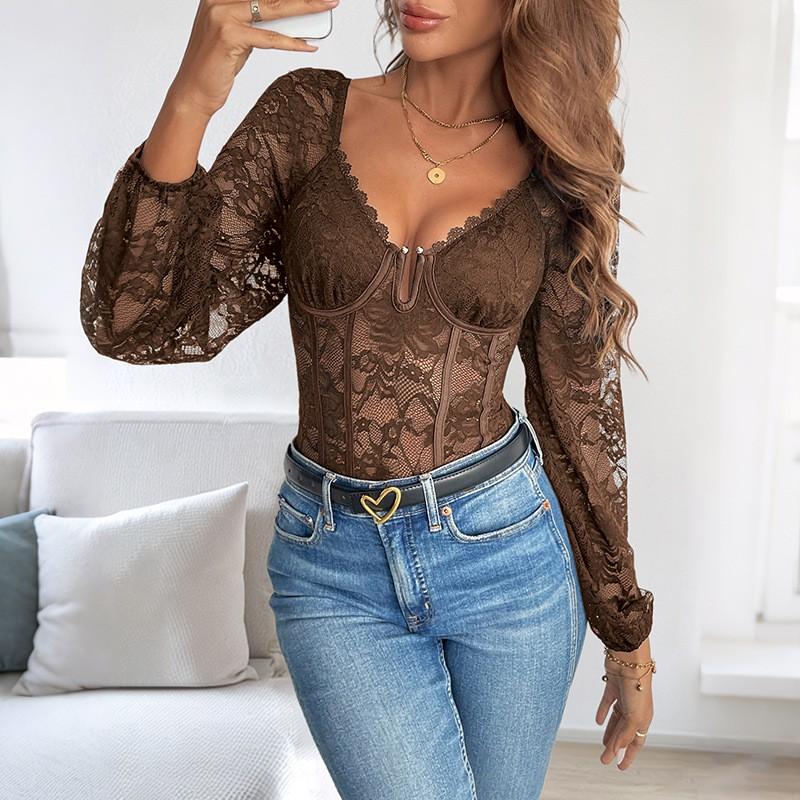 Sieviešu mežģīņu V-veida kakla body ar
