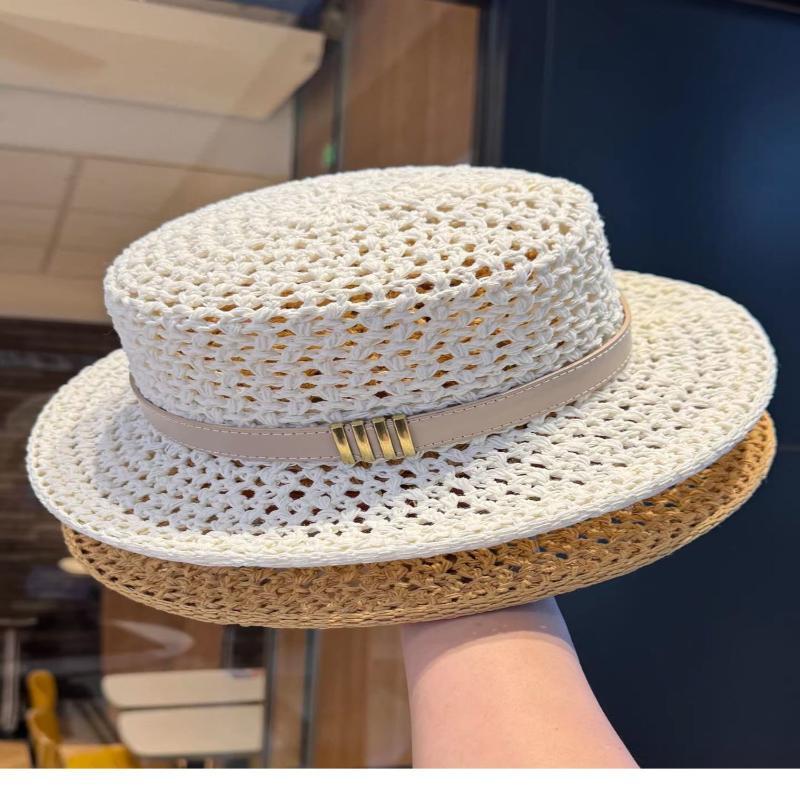 Lightweight Breathable Straw Boater Hat Hollow Out Leather Trim UV Protection Cap for Beach Travel Summer Outdoor Use