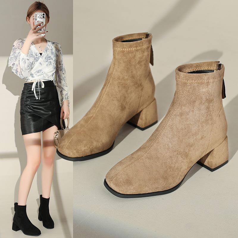 French Suede Velvet Short Boots Autumn and Winter 2025 New Square Head Thin Martin Boots Women's Elastic Thin Boots Thick Heel Boots