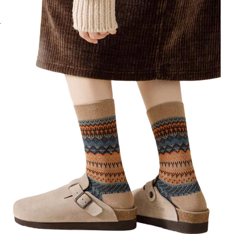 LANGSHA Women's Autumn Winter Xinjiang Cotton Mid-Calf Double Needle Double Route Maillard Retro Ethnic Style Long Socks 2025 New Arrival