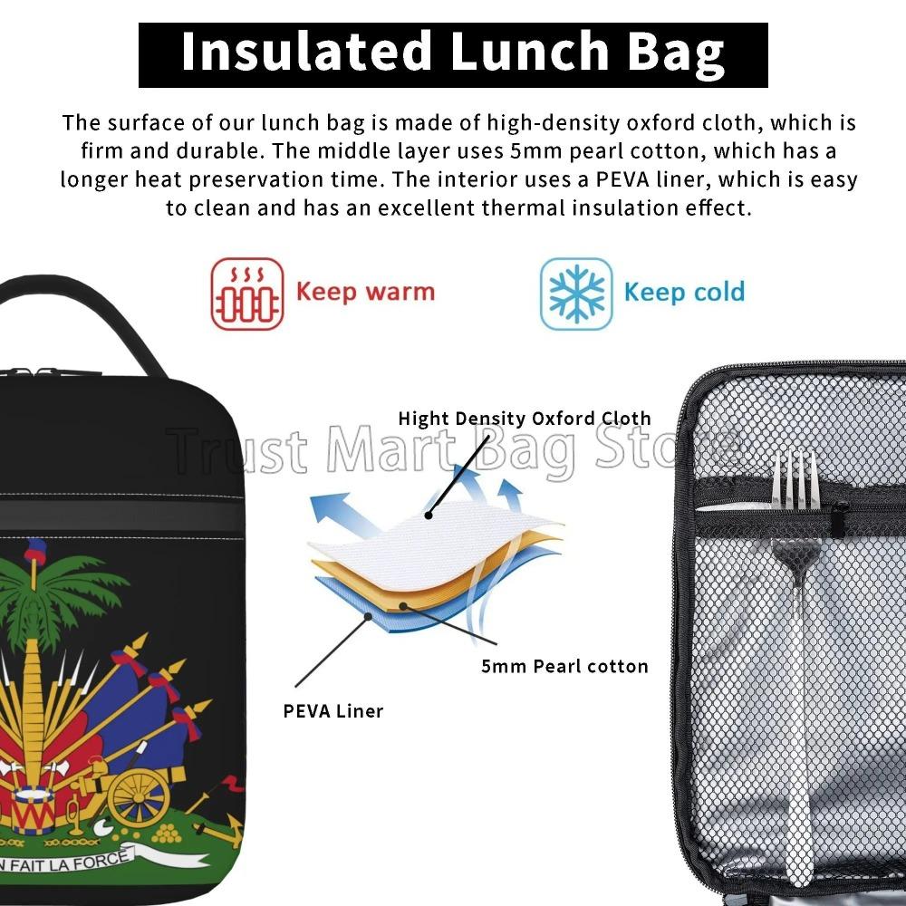 Haiti Flag Print Insulated Lunch Bag Reusable Portable Waterproof Thermal Oxford Lunch Bento Tote for Work School Picnic Travel