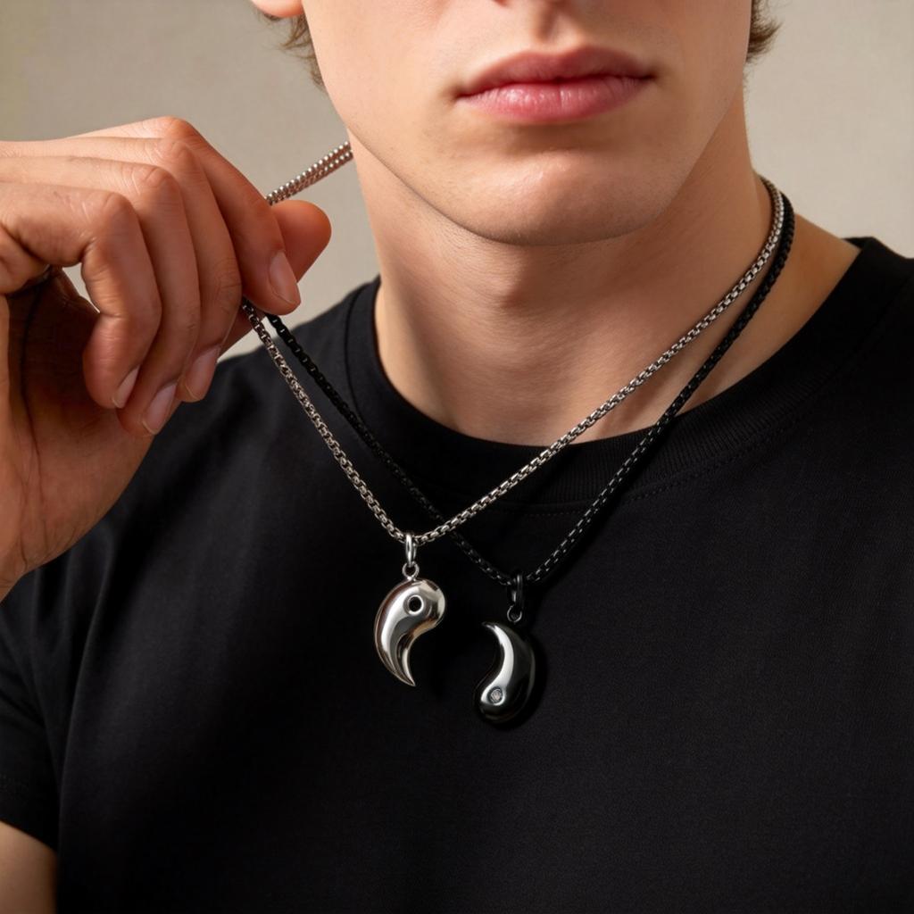 Fashion Yin Yang Pendant Necklace Stainless Steel Black Silver Friendship Necklace for Men Women BFF Couples Jewelry Gift