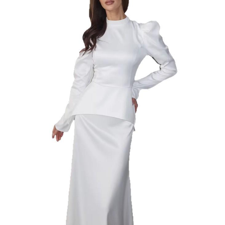 26 Europe, America, Amazon cross-border women's clothing new minimalist high-end stand-up collar bubble long-sleeved fishtail skirt set