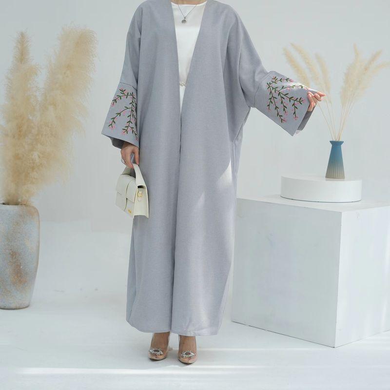 

New Arrival Middle East Flowers Embroider Cardigan Dress Flower Embroidered Cardigan Dress Gray 2XL