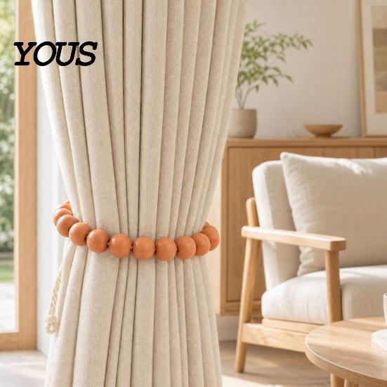 Decorative Curtain Clips 2Pcs Wood Bead Tiebacks, Holdbacks for Thin or Thick Window Draperies, Wall Damage Free Tiebacks Boho Farmhouse Tie