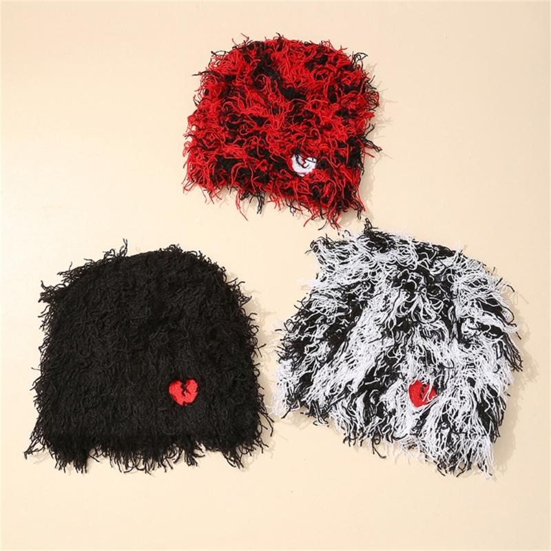 Knitted Beanie Hat for Students Adult Windproof Foldable Winter Hat Handmade Embroidery Heart Keep Warm Cycling Hat