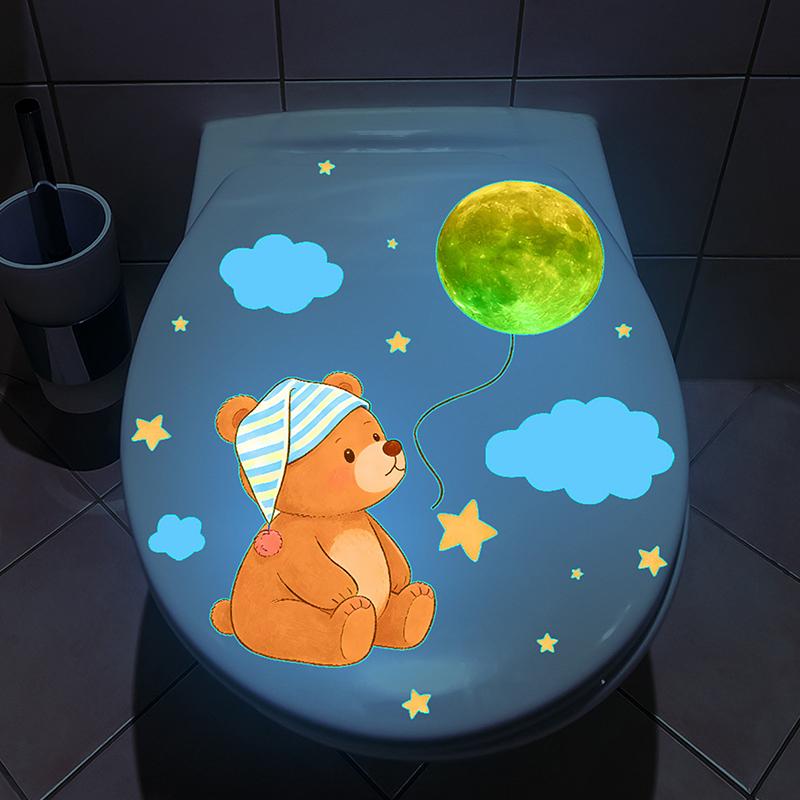 Glow-In-The-Dark Bear Toilet Stickers Self-Adhesive Removable Decal Wall Sticker Home Decor Car Sticker Luminous Effects