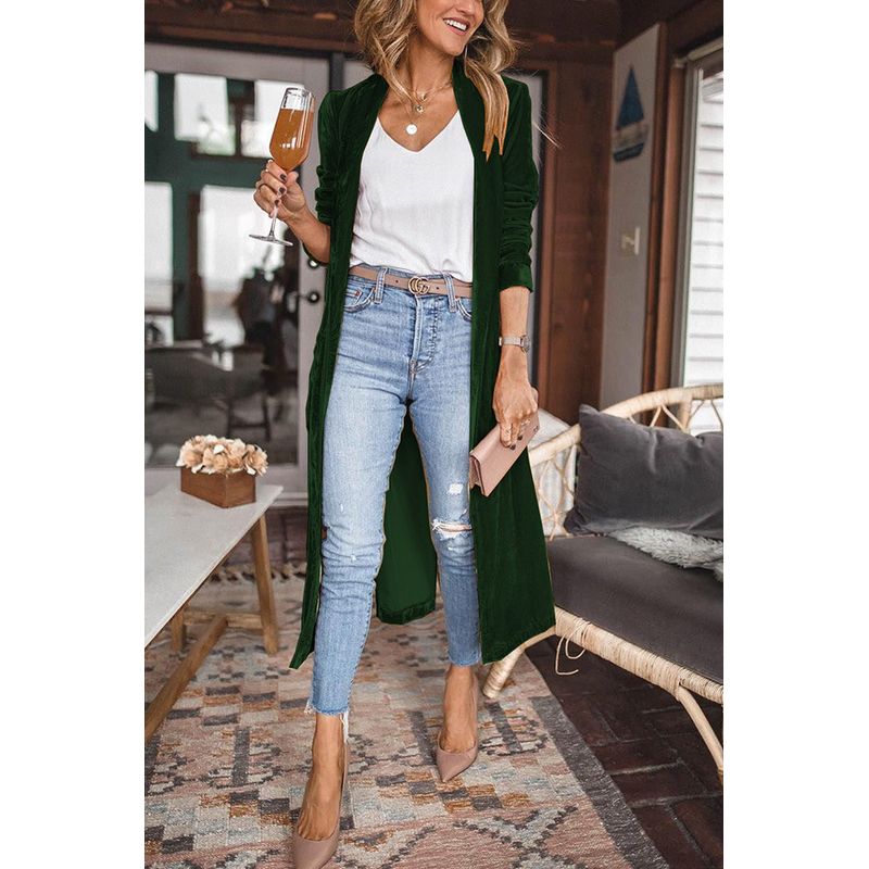 Fashion Loose Gold Velvet Stretch Mid Length Trench Coat