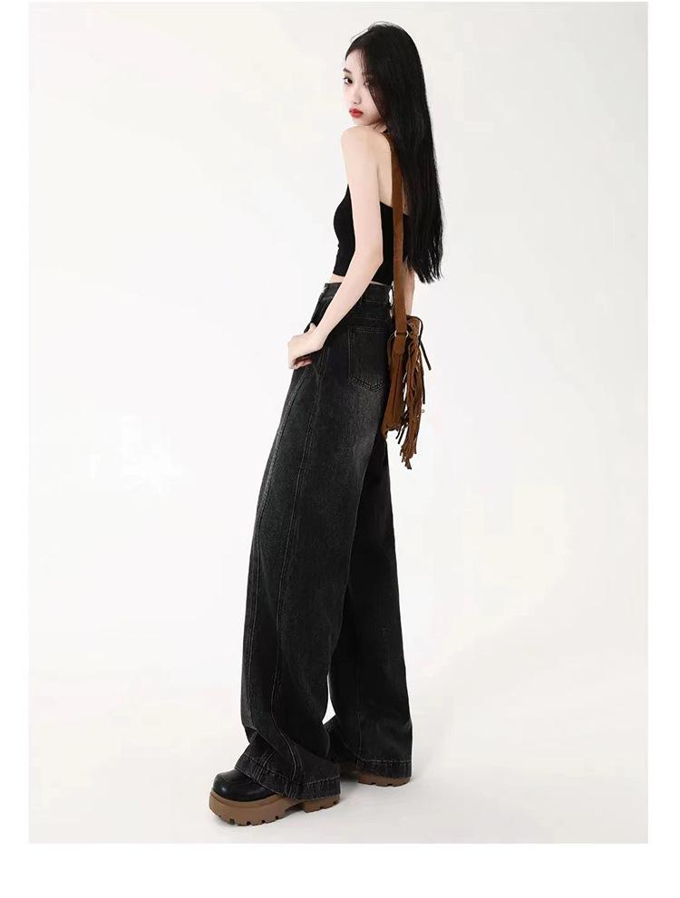 Plus Size Retro Black High-Waist Jeans for Women - Slimming, Wide-Leg, Floor-Length