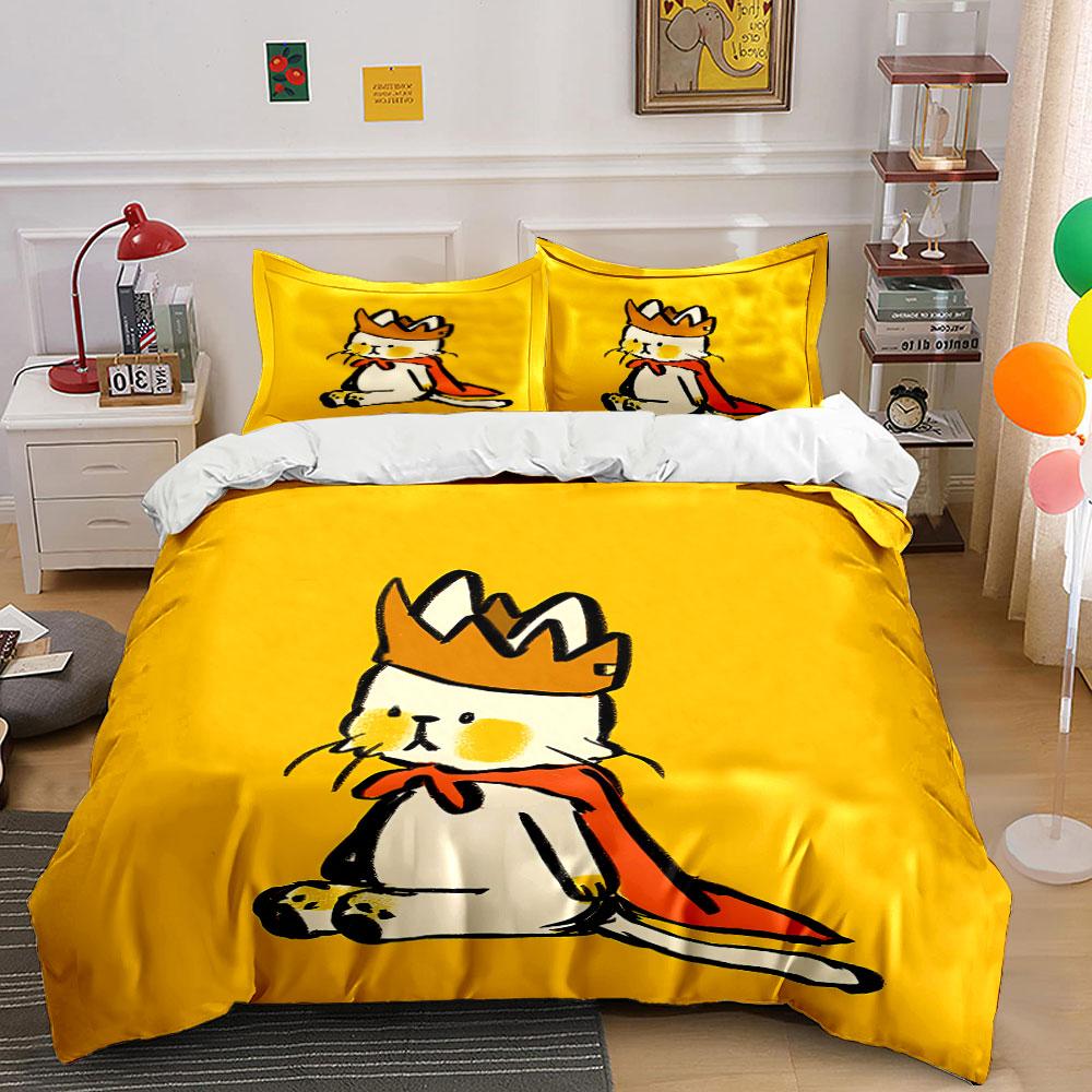Cartoon Cat King with Crown Bedding Duvet Cover Set Duvet Cover Pillowcases (1*Duvet Cover 2*Pillowcases, without duvet insert)