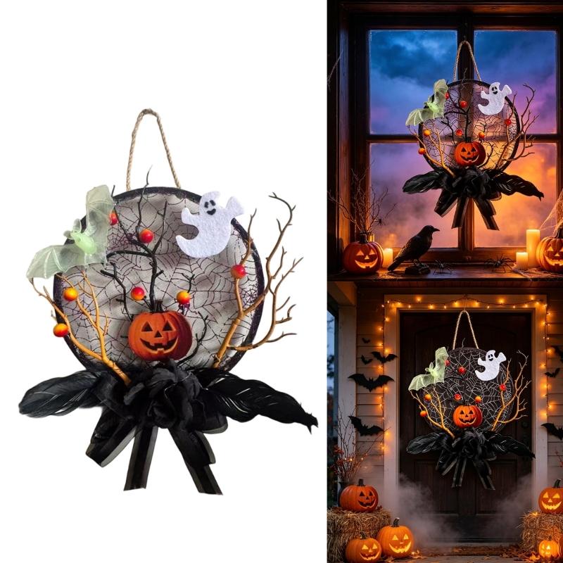 Autumn Entryway Wreath for Indoor Display with Bat Figures, Seasonal Symbol, and Loop Included for Quick Hook Placement, 11.4 Inch Size